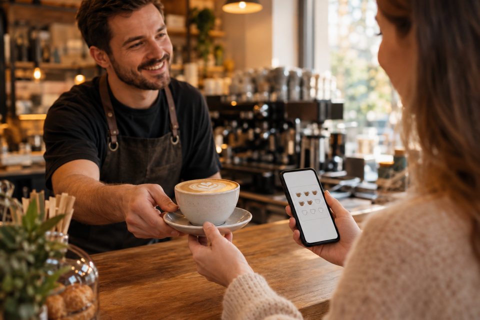 Foto: pult kaviarne, barista podáva kávu, zákazníčka drží telefón s otvorenou vernostnou kartou. Teplé svetlo, prirodzený záber.